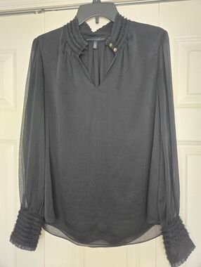 White House Black Market Black Sheer Blouse Textured Cuff High Neck Top Size 8